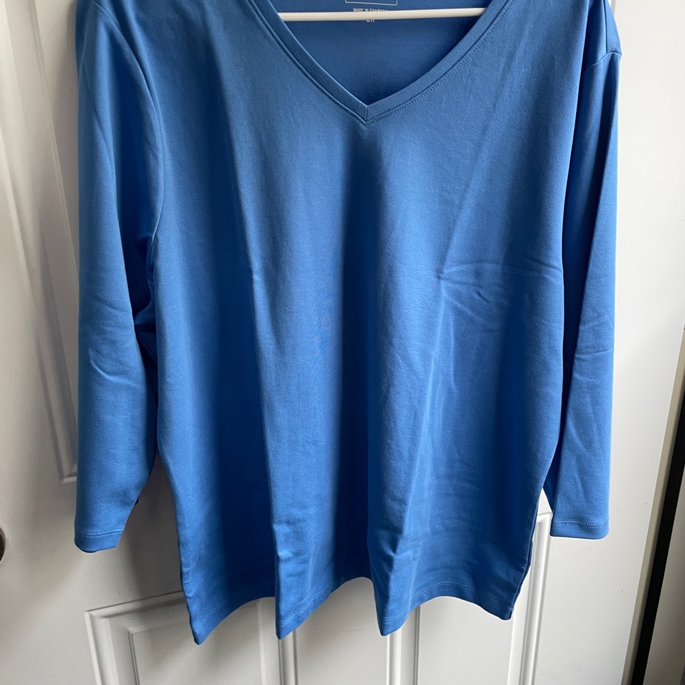 L.L.Bean Women's V‑Neck Top - Bright Blue, 100% cotton, 1X